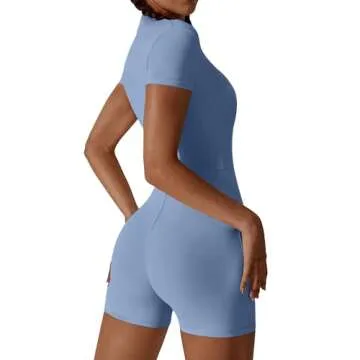 OEAK Women Short Sleeve Jumpsuit Zip Up Bodysuits 2024 Yoga Workout Unitards Bodycon One Piece Tummy Control Rompers Blue L