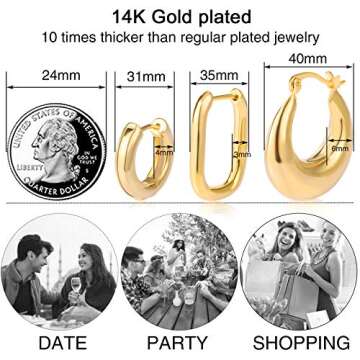 Gold Chunky Hoop Earrings Set for Women Hypoallergenic Thick Open Twisted Huggie Hoop Jewelry for Bi...