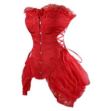 Charmian Women's Sexy Strapless Floral Embroidery Mesh Princess Gothic Vintage Bustier Corset with Lace Skirt Valentines Corset Dress Red Large