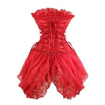 Charmian Women's Sexy Strapless Floral Embroidery Mesh Princess Gothic Vintage Bustier Corset with Lace Skirt Valentines Corset Dress Red Large