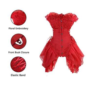 Charmian Women's Sexy Strapless Floral Embroidery Mesh Princess Gothic Vintage Bustier Corset with Lace Skirt Valentines Corset Dress Red Large