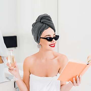 Microfiber Hair Towel, Drying Hair Towels Wrap for Women, Dry Hair Turban Towel for Curly Wavy Frizzy Long Thick Wet Hair, Hair Accessories Products - Anti Frizz, Quick Dry, Super Absorbent (2PC Grey)