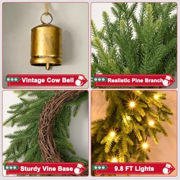 Stunning 24" Norfolk Pine Christmas Wreath with Cow Bell