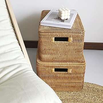 FIYAMMY Rattan Basket With Lid, Large Lidded Basket For Storage Rattan Box(15.3" L×11.4"W×9.5"H)