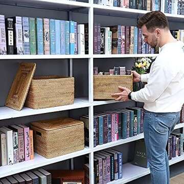 FIYAMMY Rattan Basket With Lid, Large Lidded Basket For Storage Rattan Box(15.3" L×11.4"W×9.5"H)