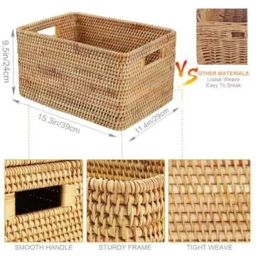 FIYAMMY Rattan Basket With Lid, Large Lidded Basket For Storage Rattan Box(15.3" L×11.4"W×9.5"H)