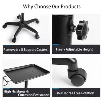 Salon Rolling Tray,Tattoo Tray Rolling Trolley Adjustable Height Utility Cart, Beauty Salon Clinic Spa Service Instrument Storage Tray(Black)