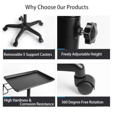 Salon Rolling Tray,Tattoo Tray Rolling Trolley Adjustable Height Utility Cart, Beauty Salon Clinic Spa Service Instrument Storage Tray(Black)
