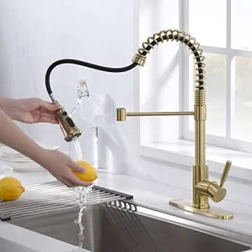 SOKA Kitchen Sink Faucet with Dual Function Solid Single Handle w/Deck Plate Pull Down Sprayer Spring Kitchen Faucet, Brushed Gold (SK5001AR)