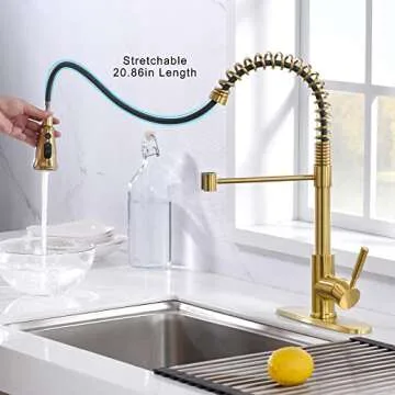 SOKA Kitchen Sink Faucet with Dual Function Solid Single Handle w/Deck Plate Pull Down Sprayer Spring Kitchen Faucet, Brushed Gold (SK5001AR)