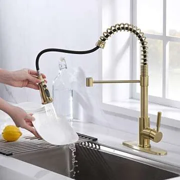 SOKA Kitchen Sink Faucet with Dual Function Solid Single Handle w/Deck Plate Pull Down Sprayer Spring Kitchen Faucet, Brushed Gold (SK5001AR)