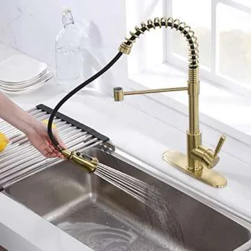 SOKA Kitchen Sink Faucet with Dual Function Solid Single Handle w/Deck Plate Pull Down Sprayer Spring Kitchen Faucet, Brushed Gold (SK5001AR)