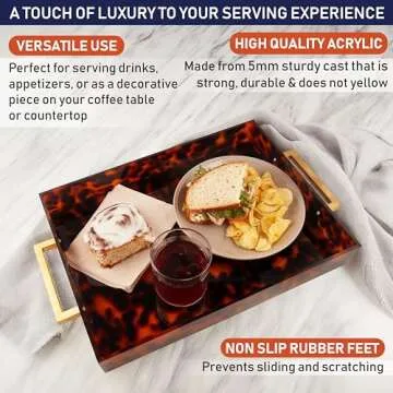 Acrylic Serving Tray with Gold Handles, 16" x 12" Decorative Tray for Coffee Table, Spill-Proof Food and Drink Server. Multipurpose for Ottoman, Kitchen, Vanity, Countertop, Party Use (Tortoise Shell)