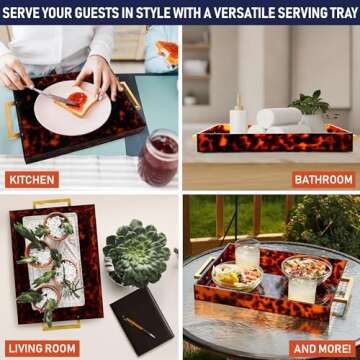 Acrylic Serving Tray with Gold Handles, 16" x 12" Decorative Tray for Coffee Table, Spill-Proof Food and Drink Server. Multipurpose for Ottoman, Kitchen, Vanity, Countertop, Party Use (Tortoise Shell)
