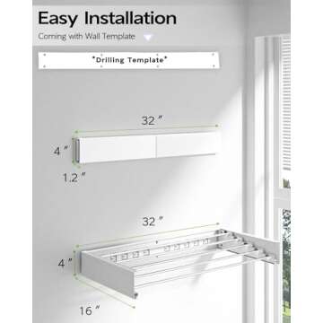 Vikaqi Wall Mounted Clothes Drying Rack 32", Foldable Wall Mount Laundry Drying Rack Folding Indoor, Drying Rack Clothing Collapsible, Towel Drying Rack with Wall Template