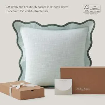 Double Stitch Scalloped Throw Pillow Covers - 100% Cotton Decorative Boho Pillow Covers 20 x 20, Made in India, Square Cushion Case, Modern Home Decor for Couch Sofa Living Room, Misty Blue