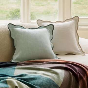 Double Stitch Scalloped Throw Pillow Covers - 100% Cotton Decorative Boho Pillow Covers 20 x 20, Made in India, Square Cushion Case, Modern Home Decor for Couch Sofa Living Room, Misty Blue