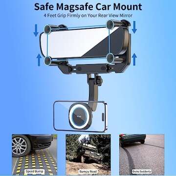 VRIG MG-15 Magnetic Rear View Mirror Phone Holder for car [Big Rear Mirrors Friendly],Magsafe Hands Free 360 Rotating Strong Magnet Cell Phone Mount Fit for iPhone 14/13/12 Series