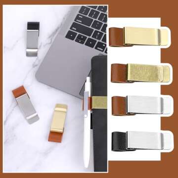 Giantree Pen Loop Holder, 4Pcs Metal Pen Holder Notebook Leather Retro Notebook Pen Holder Pen Loop with Clips for Journal Notebook Planner Clipboard Office Pocket Calendar Magazines