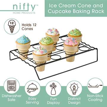 Nifty Ice Cream Cone Cupcake Baking Rack – Holds up to 12 Medium & Large Cupcake Cones, Non-Stick, Dishwasher Safe, Use for Baking, Cooling & Serving Treats