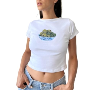 Women's Short Sleeve Y2K Graphic Crop Top - Retro Chic Baby Tee with Slim Fit