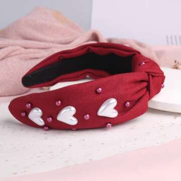 HIFANMM Valentines Day Headbands Pink Knotted Heart Hair Bands for Women Girls, Pearls Rhinestone He...