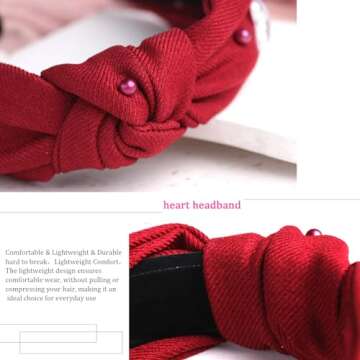 HIFANMM Valentines Day Headbands Pink Knotted Heart Hair Bands for Women Girls, Pearls Rhinestone Hearts Hair Accessories Non Slip Wide Top Knot Fashion Hair Decoration Party Supplies Hair Hoop 1Pcs