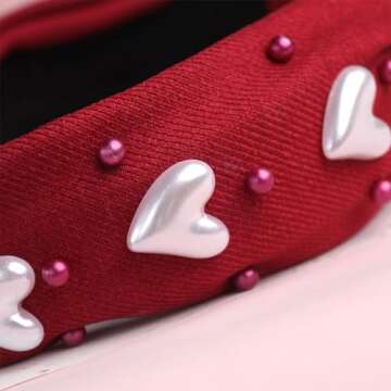 HIFANMM Valentines Day Headbands Pink Knotted Heart Hair Bands for Women Girls, Pearls Rhinestone Hearts Hair Accessories Non Slip Wide Top Knot Fashion Hair Decoration Party Supplies Hair Hoop 1Pcs