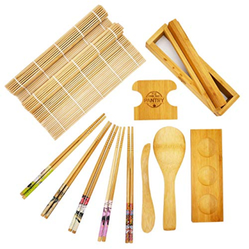 GROW YOUR PANTRY Sushi Making Kit With 2 Bamboo Sushi Rolling Mat, Rice Shaping Tool, Maki Maker, Maki Shaper, Condiment Tray, Chopsticks, and Rice Paddle - Sushi Making Kit for Beginners