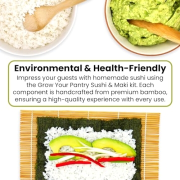 GROW YOUR PANTRY Sushi Making Kit With 2 Bamboo Sushi Rolling Mat, Rice Shaping Tool, Maki Maker, Maki Shaper, Condiment Tray, Chopsticks, and Rice Paddle - Sushi Making Kit for Beginners
