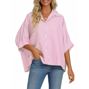 Vrtige Women's Casual Stripe Button Down Collar V Neck Half Sleeve Loose Blouse Shirt Top