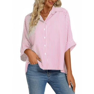 Vrtige Women's Stripe Button Down V Neck Casual Blouse