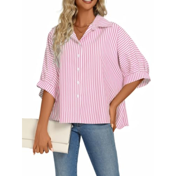 Vrtige Women's Stripe Button Down V Neck Casual Blouse