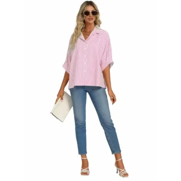 Vrtige Women's Stripe Button Down V Neck Casual Blouse