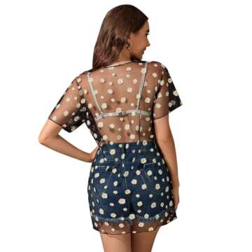 Women Sexy Sheer See Through Dress Daisy Print Swimsuit Beach Cover Up Short Sleeve Mesh Long T-Shir...