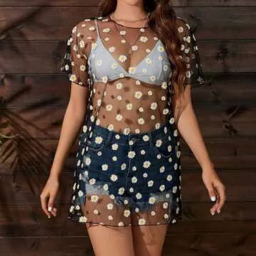 Women Sexy Sheer See Through Dress Daisy Print Swimsuit Beach Cover Up Short Sleeve Mesh Long T-Shirts Top Blouse Dress Rave Outfits Summer Casual Party Clubwear Bikini Coverups Swimwear Black XXL