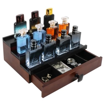 TIRYIUOU Wooden Cologne Organizer for Men - 3 Tier Stand with Drawer