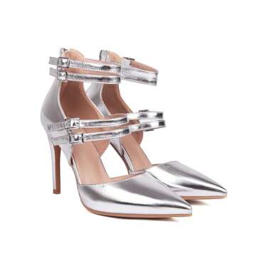 Latasa Women's Silver Heels Metallic Stiletto High Heels Pointed Toe Ankle Strap Closed Toe Pumps (8...