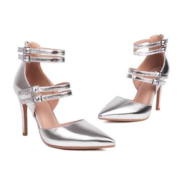Latasa Women's Silver Heels Metallic Stiletto High Heels Pointed Toe Ankle Strap Closed Toe Pumps (8.5, Silver)