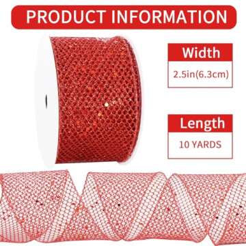 RIBBOOO Red Glitter Web Mesh Wired Ribbon - 2.5 Inch | Metallic Sparkling Ribbon for Decoration, Gif...