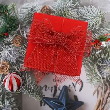 RIBBOOO 10 Yards Red Glitter Wired Ribbon for Crafting