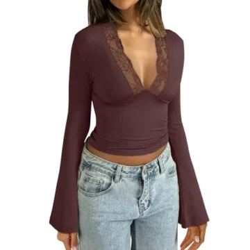 REORIA Women's V-Neck Lace Crop Top - Elegant & Sexy Y2K Fall Winter Shirt