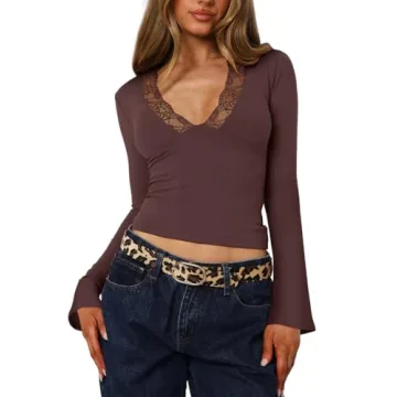 REORIA Women's V-Neck Lace Crop Top Elegant Y2K Shirt
