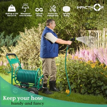 Heavy Duty Garden Hose Reel Cart with Nozzle & Cover 250ft