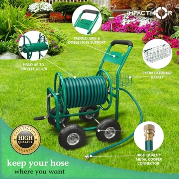 Heavy Duty Garden Hose Reel Cart with Nozzle & Cover 250ft
