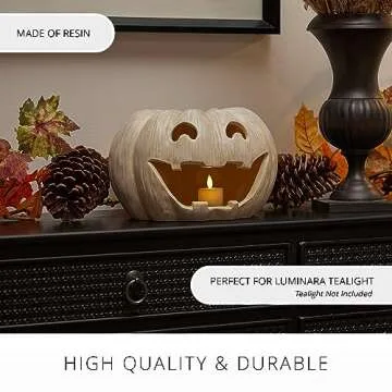 Luminara Perfectly Pale Jack-o'-Lantern Pumpkin Tealight Holder (10" x 6.75") Dry Brush Resin Halloween Decorations for Holiday Party Home