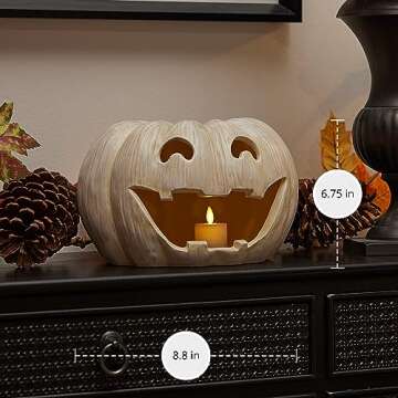Luminara Perfectly Pale Jack-o'-Lantern Pumpkin Tealight Holder (10" x 6.75") Dry Brush Resin Halloween Decorations for Holiday Party Home