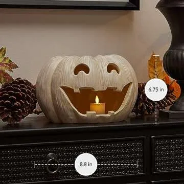 Luminara Perfectly Pale Jack-o'-Lantern Pumpkin Tealight Holder (10" x 6.75") Dry Brush Resin Halloween Decorations for Holiday Party Home