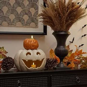 Luminara Perfectly Pale Jack-o'-Lantern Pumpkin Tealight Holder (10" x 6.75") Dry Brush Resin Halloween Decorations for Holiday Party Home