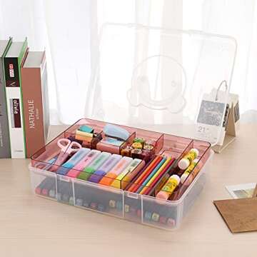BTSKY 2-Tier Cute Bear Storage Box with Removable Divided Tray Portable Clear Plastic Art Craft Supply Organizer Stackable Home Office Supplies Storage Container for Pens Notes A4 papers etc (Pink)